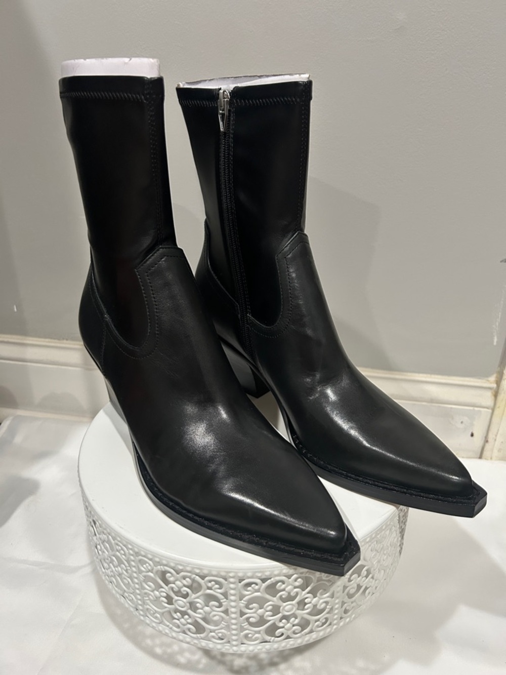 Dolce Vita Black Leather Mid-Calf Block Heel Ankle Boots - Picture 7 of 12